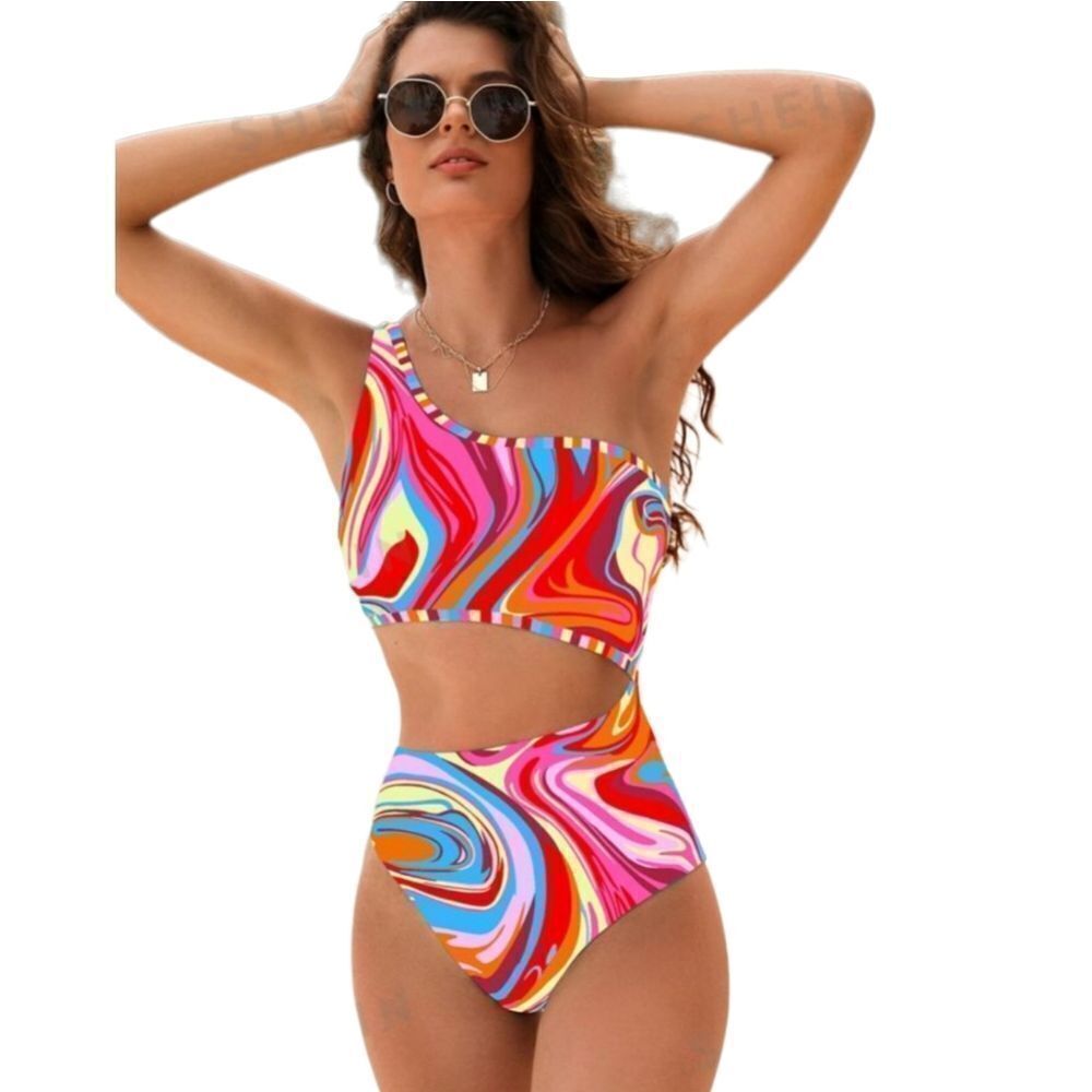 SHEIN VCAY Multicolor One Shoulder Cut Out Swimsuit Size XL